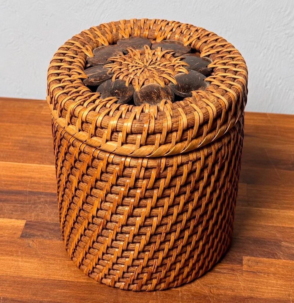 1970s Vintage Philippines Rattan Lidded Basket Coconut Shell Floral Lid Boho